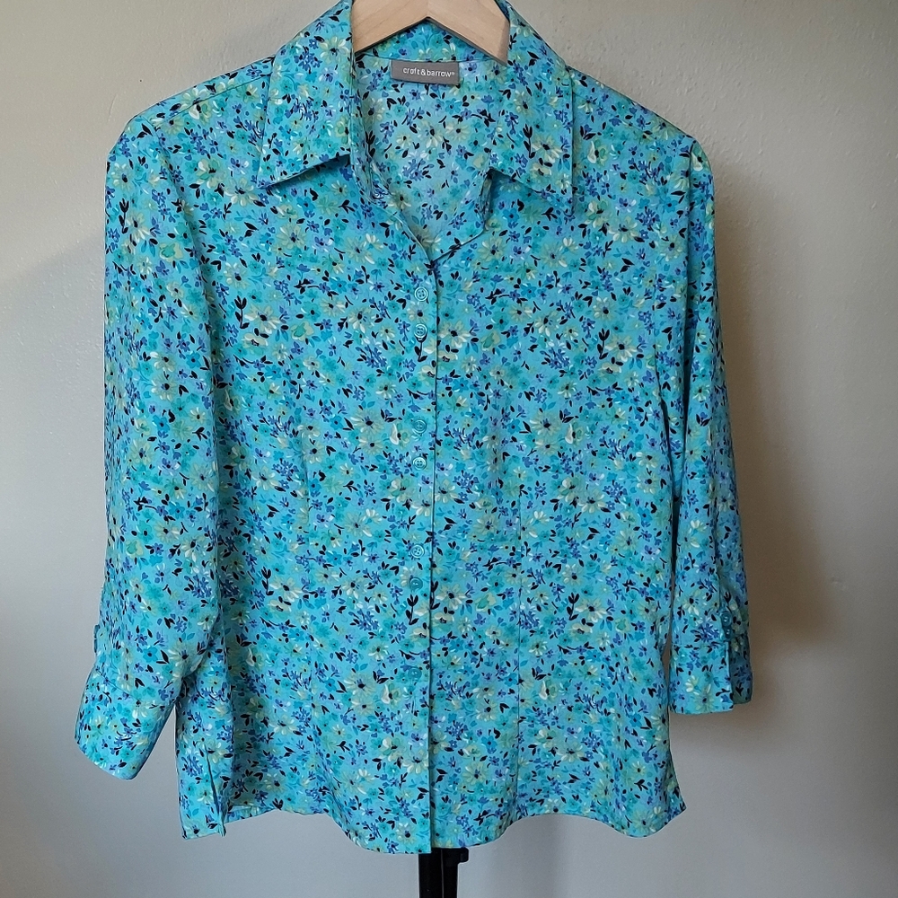 Croft & Barrow Teal Green Blue Floral Button-Up Shirt 3/4 Sleeve Sz Medium ?